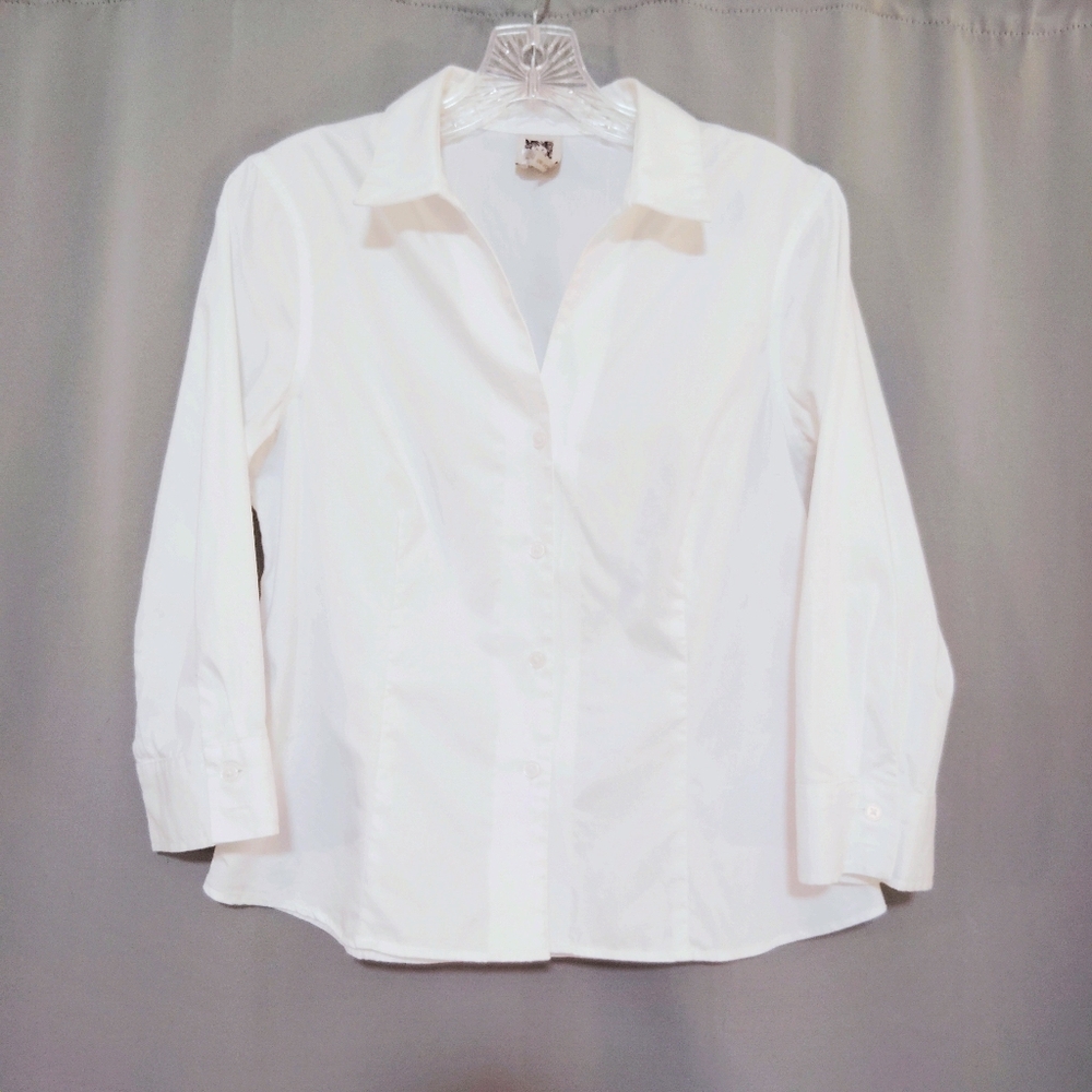 Anne Klein Women's PM White Blouse Feminine Dbl Collar Extended Neckline 3/4 Slv - Picture 9 of 12